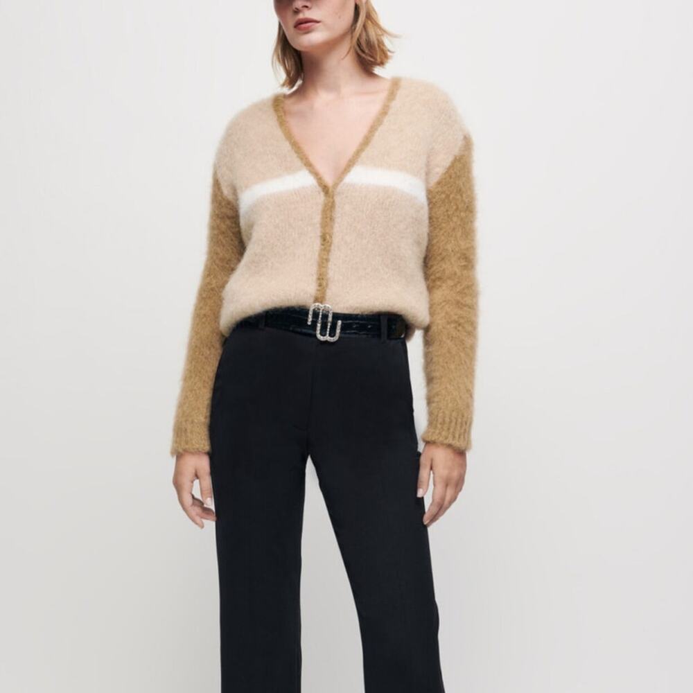 Maje Brushed Mohair V Neck Cardigan - Camel Tan - Size 2 / Medium